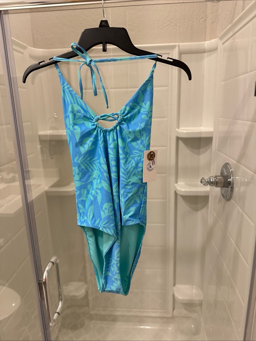 Womens Blue Tropical One-Piece Swimsuit with Back Tie